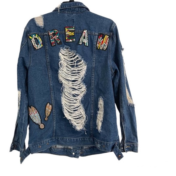 Custom Made Distressed Jean Jacket with Tribal Patches, Festival, Coachella - Picture 1 of 9